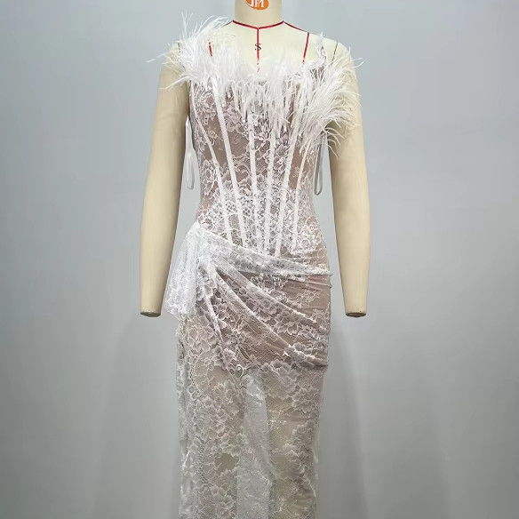 ED2696 Off-Shoulder Sleeveless Wedding Dress Lace Evening Dress Sexy Ruffled Feather Maxi Dress for Sophisticated Brides