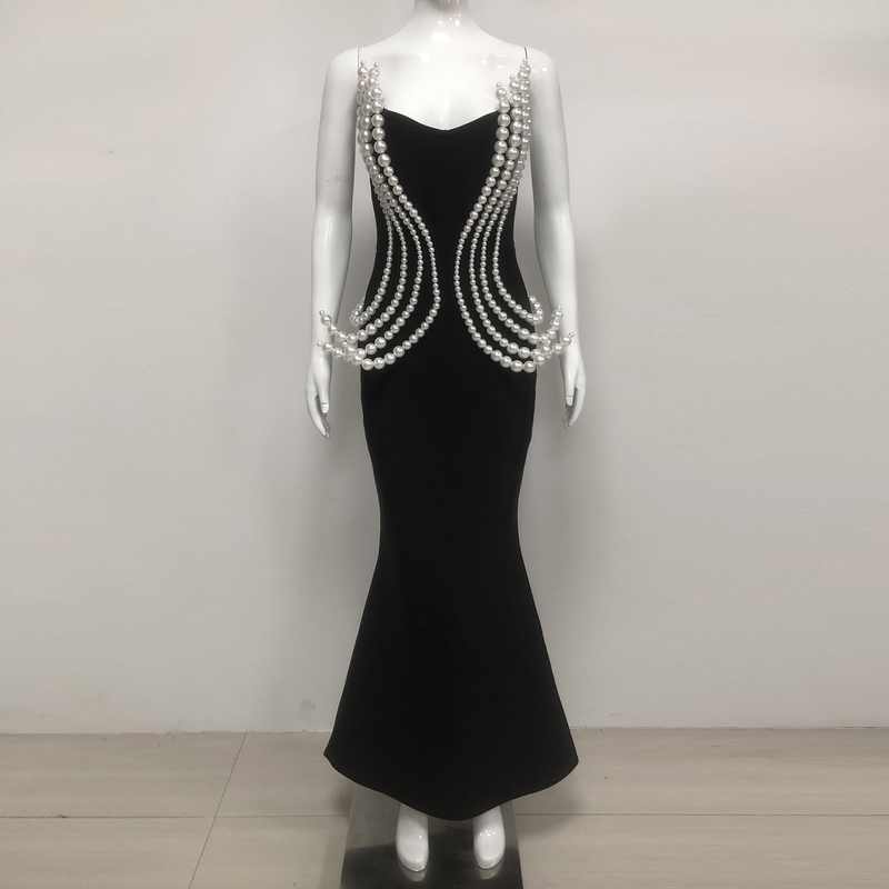 Kimshein Luxury Pearl Women's Strapless Maxi Dress Long Sexy Evening Dress Bandage Skirt 220g Fabric Weight Tight-Fitting