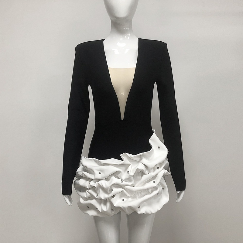 Water Diamond LS2619 Pleated Bandage Mini Dress Tight Elegant Deep V-neck Sexy Crystal Party Skirt with No Print Method