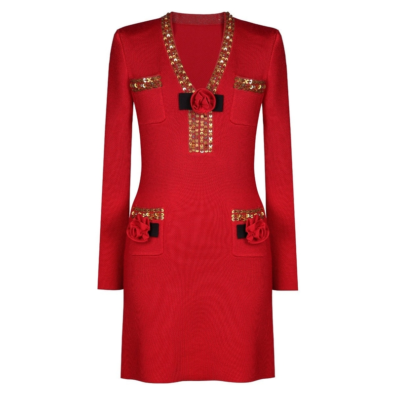 Kimshein LS2622 Luxury Women's Long Sleeve V-Neck Mini Dress with Shimmering Floral Design Chinese Size Description
