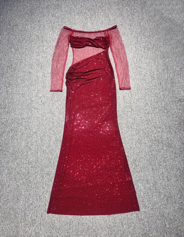LS2620 Woven Craftsmanship Off-Shoulder Party Dress with Elegant Beaded Details and Polyester/Spandex Material