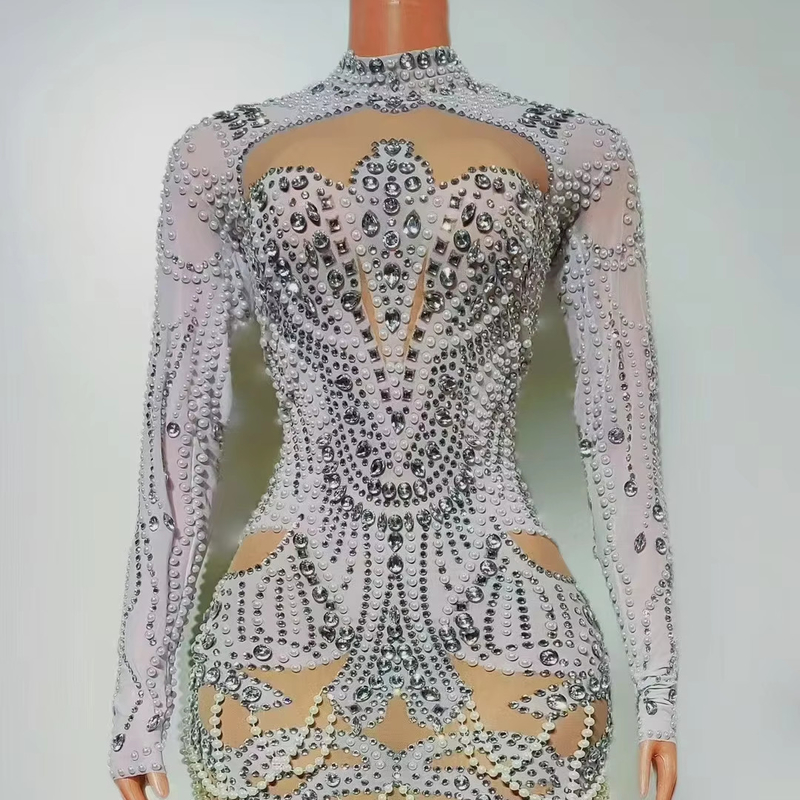 AD2489 Kimshein Fashion Long Sleeve Mini Dress Luxurious Pearl Ball Gown Diamond Crystal Party Dress Guangdong Production