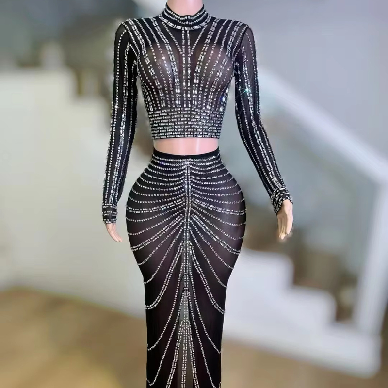 AD2459 Shiny Crystal Sexy Mesh Perspective Two-Piece Set Women's Party Fashion Performance Costume None Craft for Summer