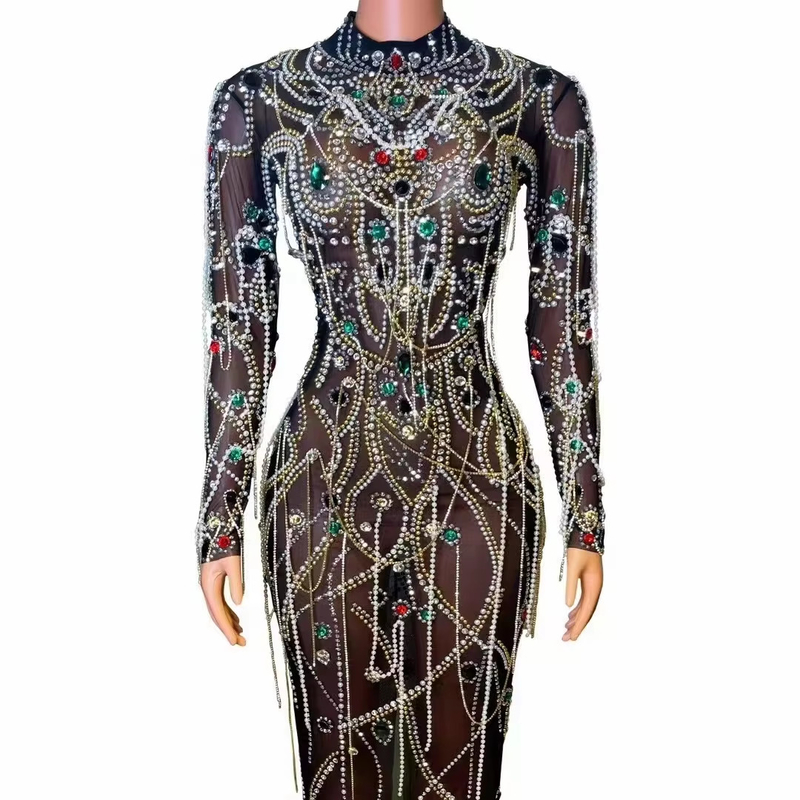 AD2160 Luxury Women's Fashion Long Sleeve Crystal Dress Diamond Pearl Party Dress Woven by Shuttle Loom Round Neck