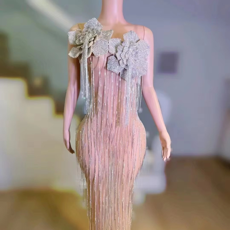 Chinese Size Tassel Dress with Crystal Embellishments Women's Waterfall Tassel and Crystal Embellished Formal Dress