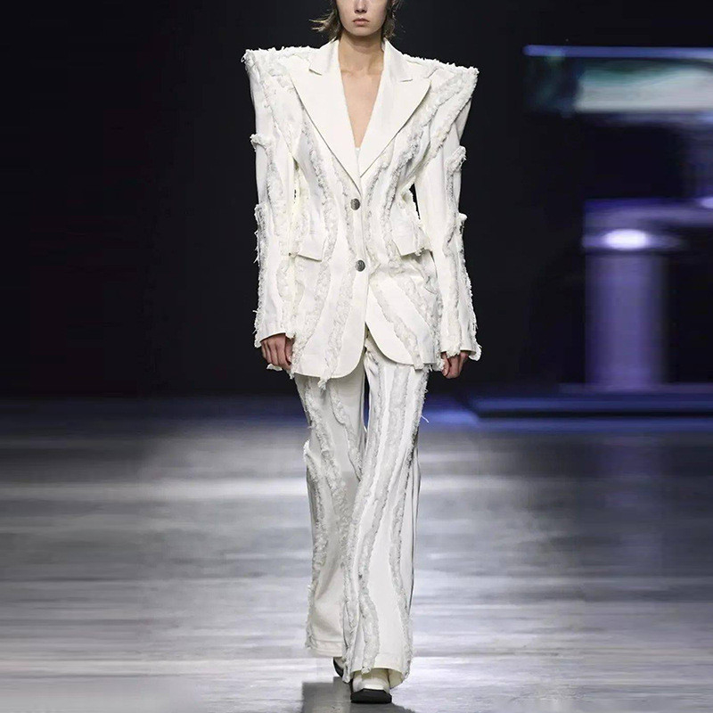 Full Sleeve White Collar Lady Style SR2307 Design Fashion Women's Pleated Fringe Suit Women's Fashion Pants