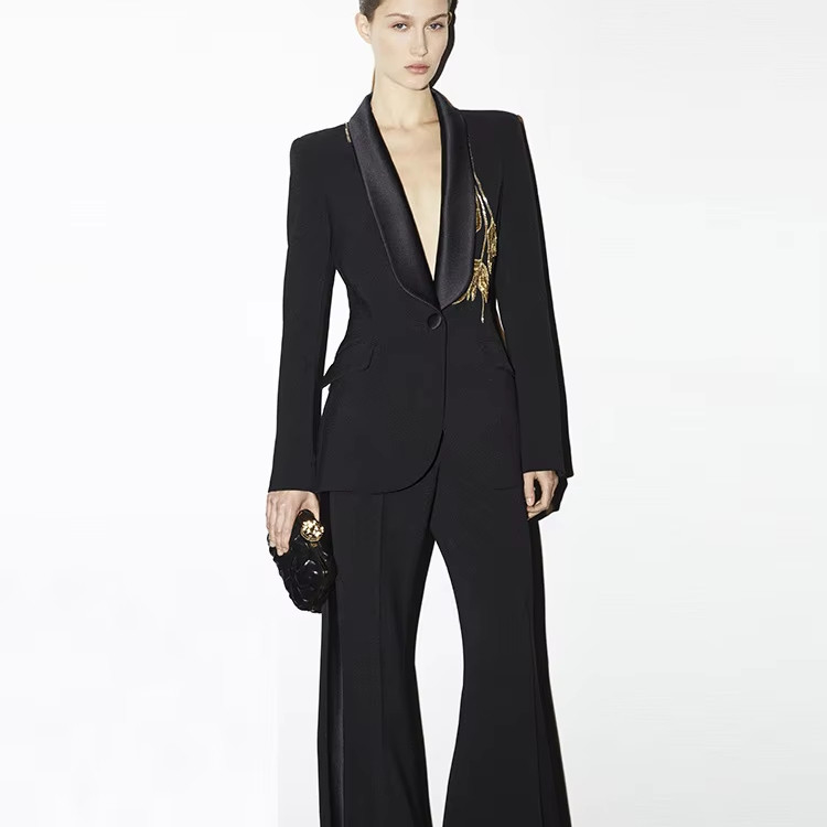 SR2329 Kimshein Women's Elegant Solid Color Suit Set Spring Business Formal Suit with Beaded Decoration Top Length Regular Sleeves