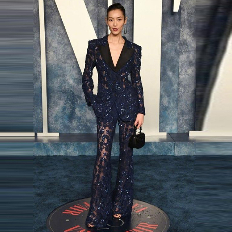 Women's Shiny Jacket and Beaded Lace Two-Piece Set SR2325 Fashionable Lace Suit with Regular Sleeves
