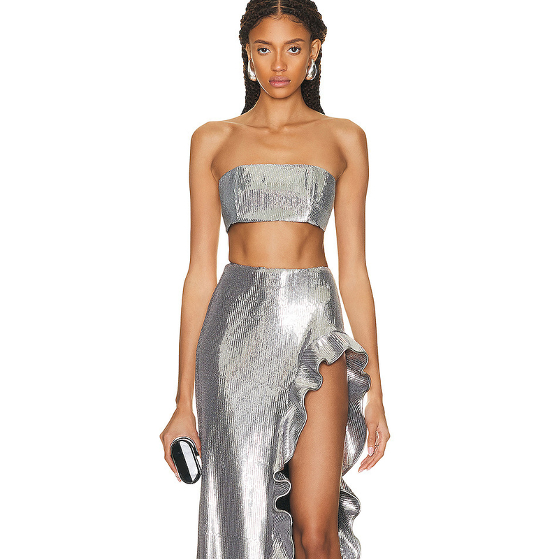 Kimshein SS2253 Two-Piece Dress Set Off Shoulder Sexy Party Outfit Silver Sequin High Slit Clothing for Enchanting Women