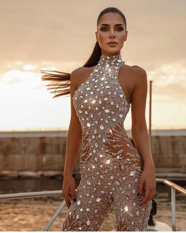 ED2095 Women's Colorful Woven Sexy Nightclub Jumpsuit with Beaded Details Durability and Performance