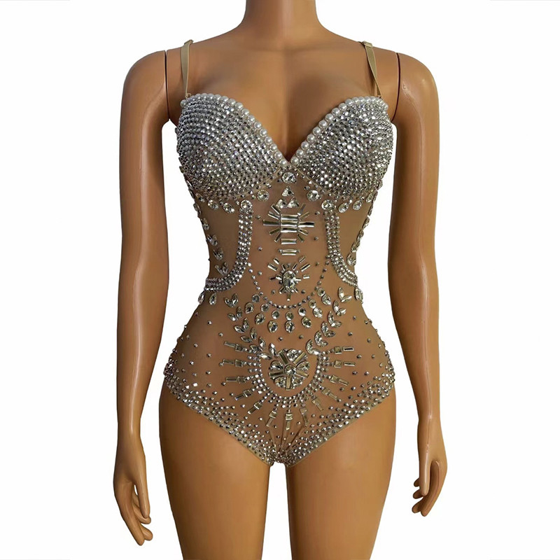 AD1142 Shiny Fabric Pearl Crystal Embroidery Tight Bustier Mesh One-piece Sexy Transparent Stage Costume 's Best Choice