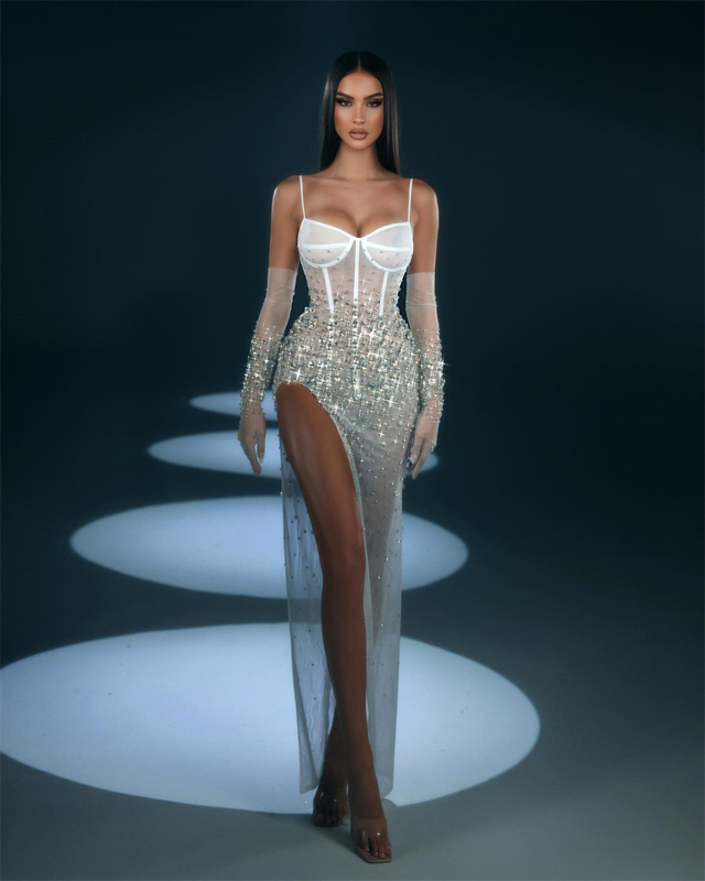 ED2695 Elegant Crystal Beaded High Slit Sexy Luxurious Evening Dress for Women's Wedding Party Tight Bodycon Prom Dress