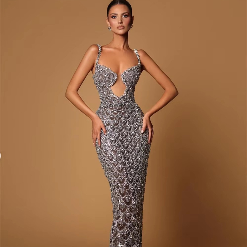 Kimshein Silver Sequin Evening Dress Shiny Party Dress with Drag Tail 7 Days Fast Sampling Intelligent Tracking Support