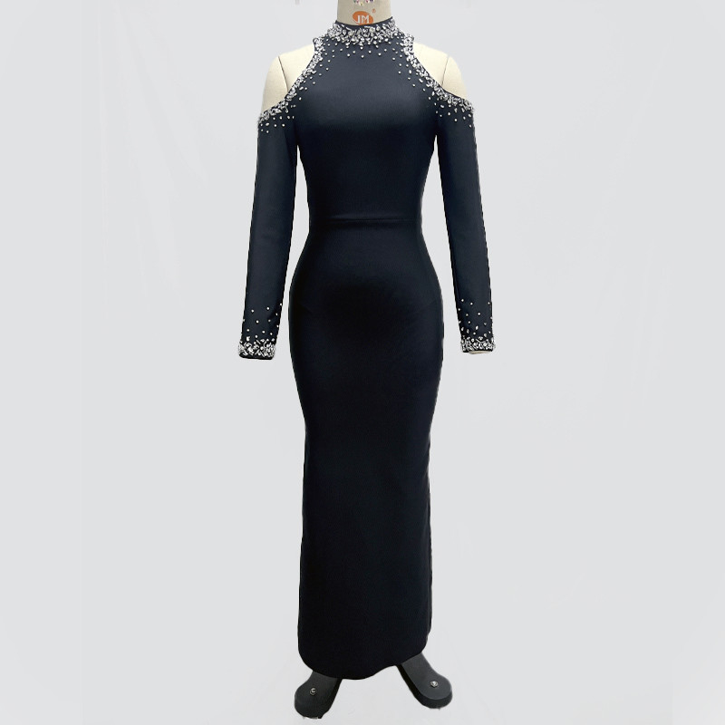 LS2608 Luxury Water Diamond High Neck Evening Dress for Women Bandage Elegant Long Sleeve Ball Gown Formal Dance Party Dress