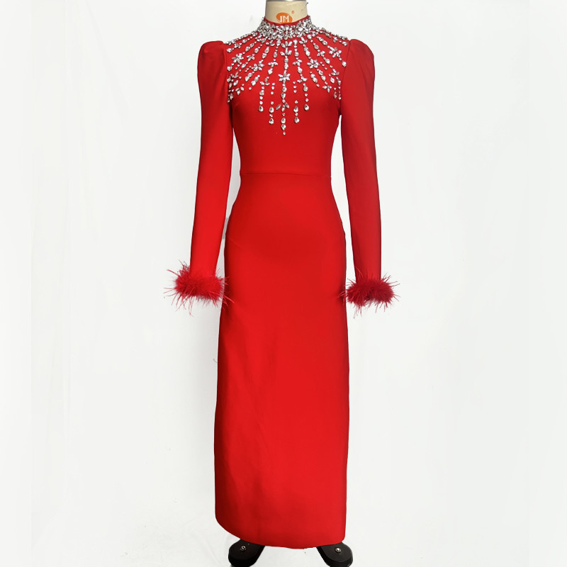 LS2609 Bandage Dress Luxurious Tight Crystal Maxi Dress with Sexy Long Sleeves and Feather Embellishments