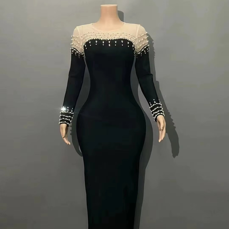 Elegant Long Party Dress LS2607 Kimshein Bodycon Dress for Women Long Sleeves and Crystal Pearl Mesh Bandage Skirt