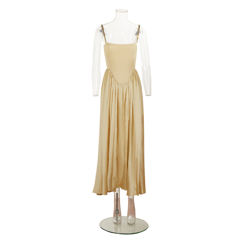 7-Day Fast Sampling SB3300 Summer Sleeveless Yellow Maxi Dress with Crystal Straps and Pleated Hem Customizable Design