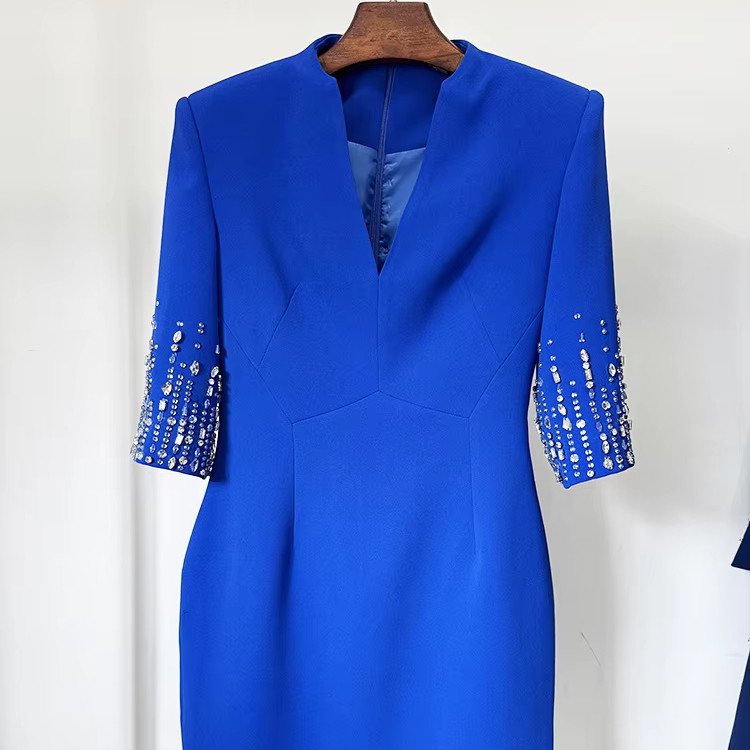 LS2613 Spring/Summer Fashion Women's V-Neck Midi Dress with Crystal Beads and Beaded Embellishments