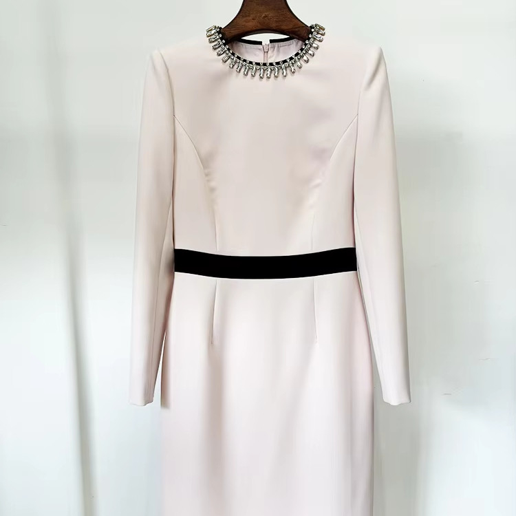 LS2614 Kimshein Long Sleeve Party Dress Elegant Women's Fashion Midi Dress with Crystal O-Neck and Metal Detector Craft