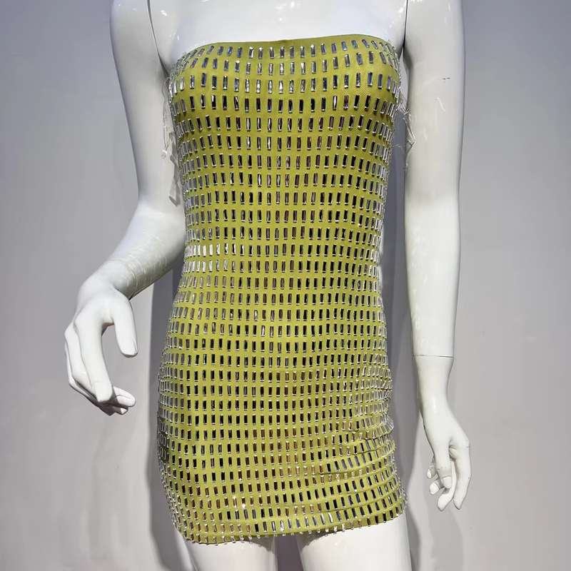 Natural Waistline Shiny Crystal Decorated SB2890 Kimshein Fashion Mesh Mini Dress for Nightclub Party and Sexy Women