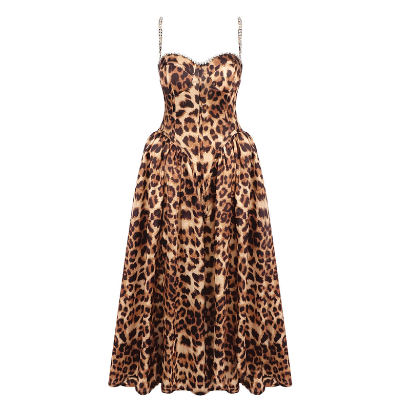 SB3334 Kimshein Summer Women's Fashion Sleeveless Pleated Maxi Dress with Built-in Bra Leopard Print and Elegant Dress