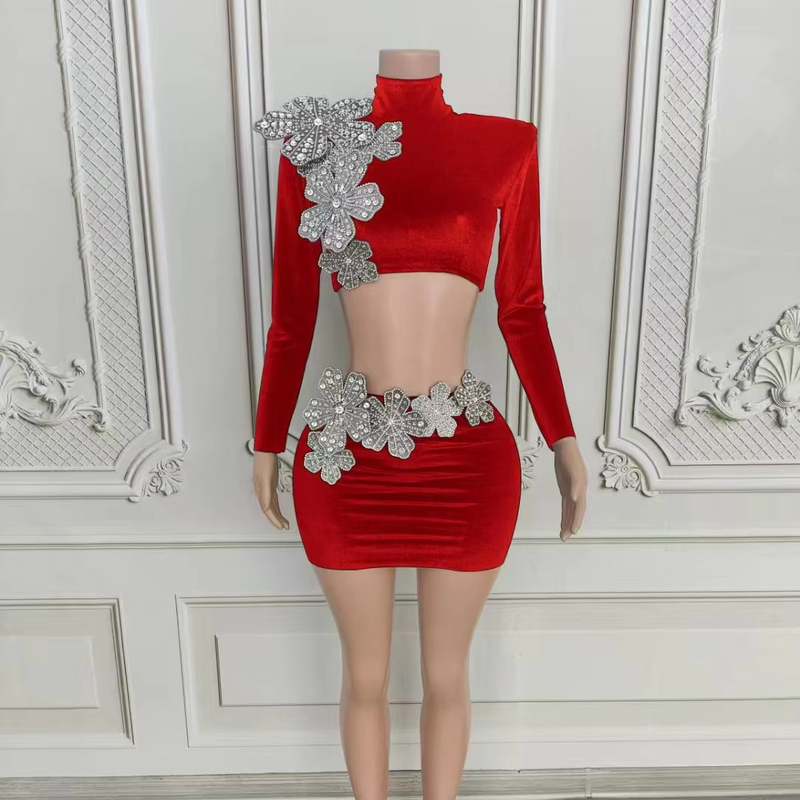 7-Day Fast Sample AD2452 Elegant 2-Piece Dress Set for Women Featuring Velvet Material and Crystal Flower Design
