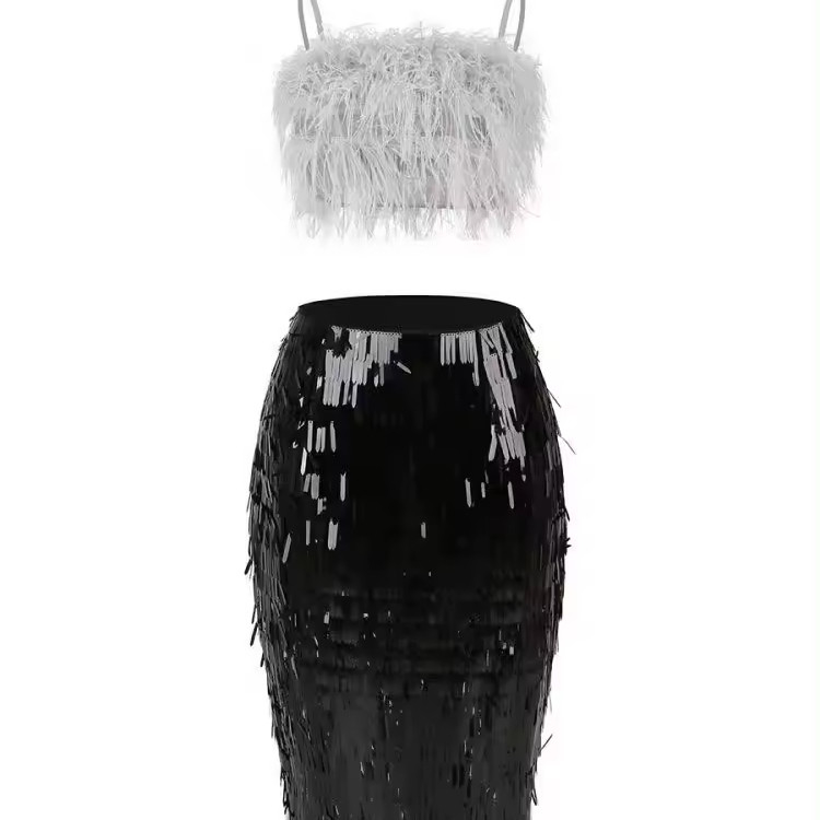 Tight-Fitting Style SS2256 Two-Piece Set for Women Featuring Feather Top and Shimmering Skirt in XS-L Sizes