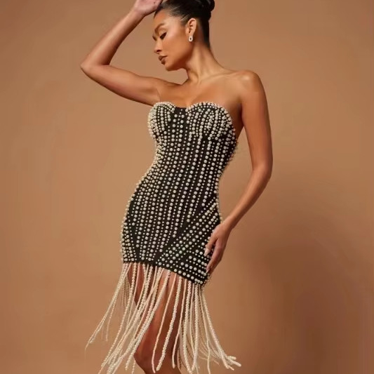 ED2677 Kimshein Trend Women's Mini Pearl Fringe Evening Dress Woven with Polyester/Cotton Material