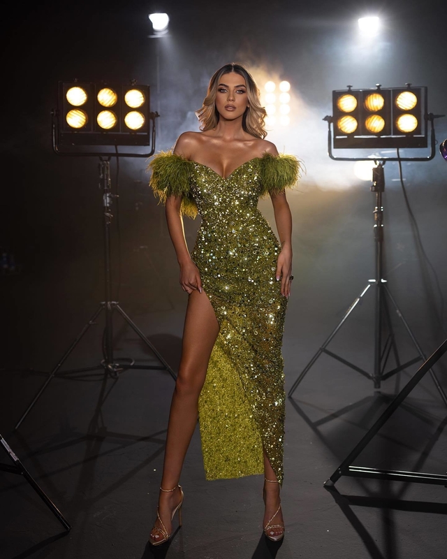 Knitted Crafted ED2642 Green Sequin Luxury Evening Dress Off-Shoulder Feather Dress for Women's Nightclub 1 pc/opp bag