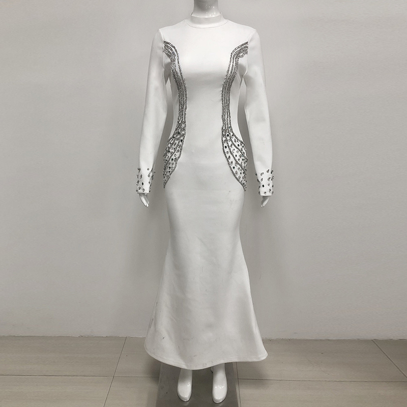 Full Sleeve LS2604 Elegant Sexy Formal Party Dress with Diamonds Floor-Length Tight-Fitting Bandage Women's Bodycon Dress