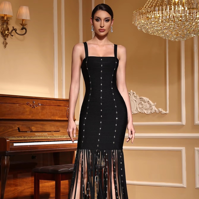 SB3319 Women's Sleeveless Fringed Bodycon Dress with Tassel and Crystal Bandage in Woven Manufacturing