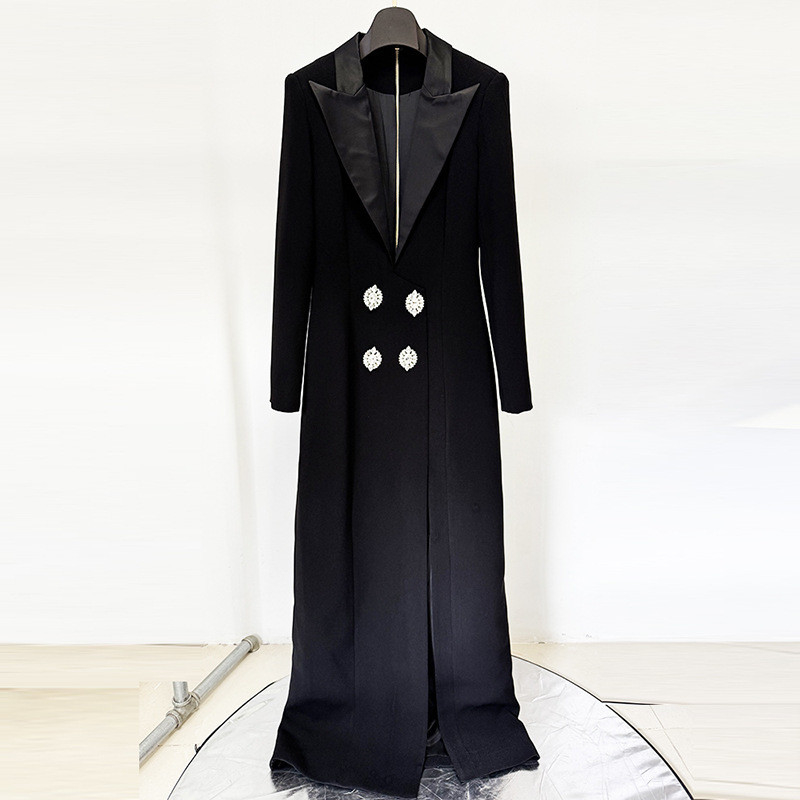 LS2611 Luxurious Long Sleeve Slim Fit High Slit Black Maxi Dress Sexy V-Neck Floor-Length Women's Clothing