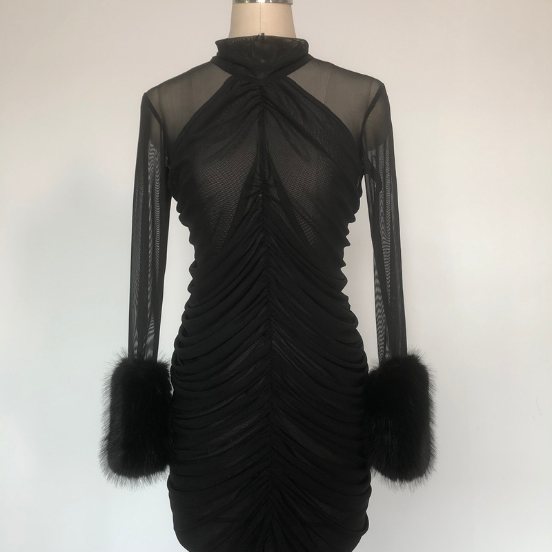 LS2600 Spring Summer Long Sleeve Pleated Round Neck Birthday Dress Women's Fashion Feather Dress for All Seasons