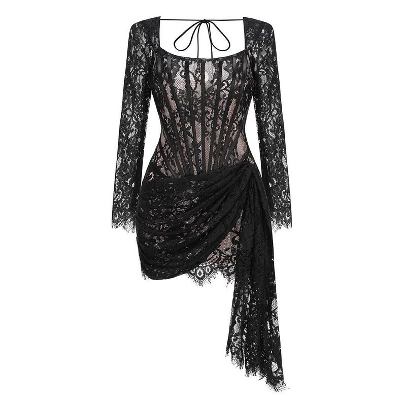 LS2535 Women's Fashion Long Sleeve Wedding Dress Bride Mini Lace Sexy Dress Woven Technique Skill Method