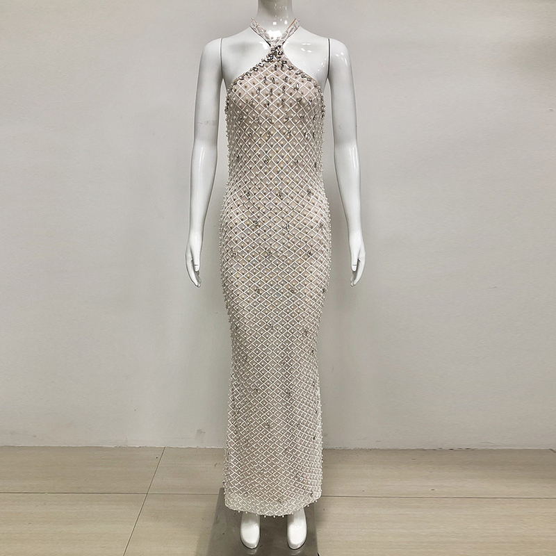 SB3332 Women's Celebrity Sequin Sexy Cocktail Dress Tight Sleeveless White Sequin Pearl Party Evening Dress from Guangdong