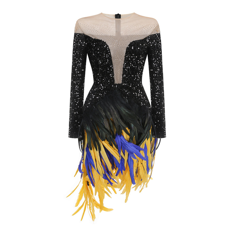 LS2605 Black Sequin Sexy Shiny Long Sleeve Beaded Party Feather Mini Dress for Women in A-Line Manufacturing