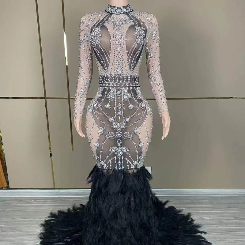 Natural Waistline AD1820 Luxury Feather Birthday Dress Crystal Dress Women's Diamond Dress for Party within Standards