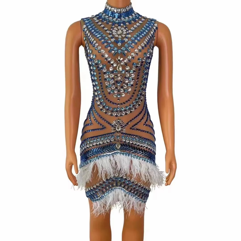 Women's Sexy High Neck Sleeveless Midi Beaded Dress with Diamond and Crystal Feather Design featuring Beaded Craftsmanship