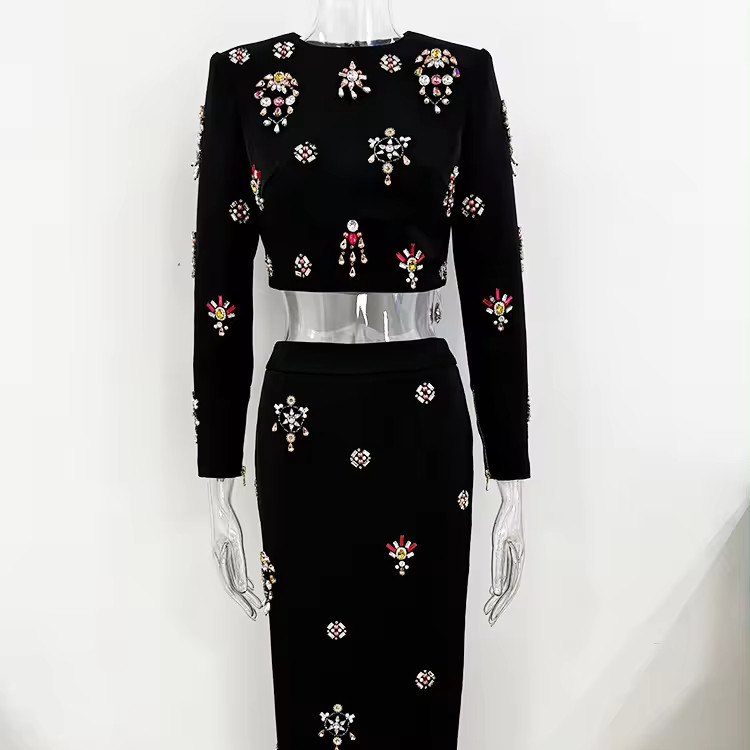 SR2319 Kimshein Elegant Women's Two-piece Set with Crystal Accents and Floral Pattern