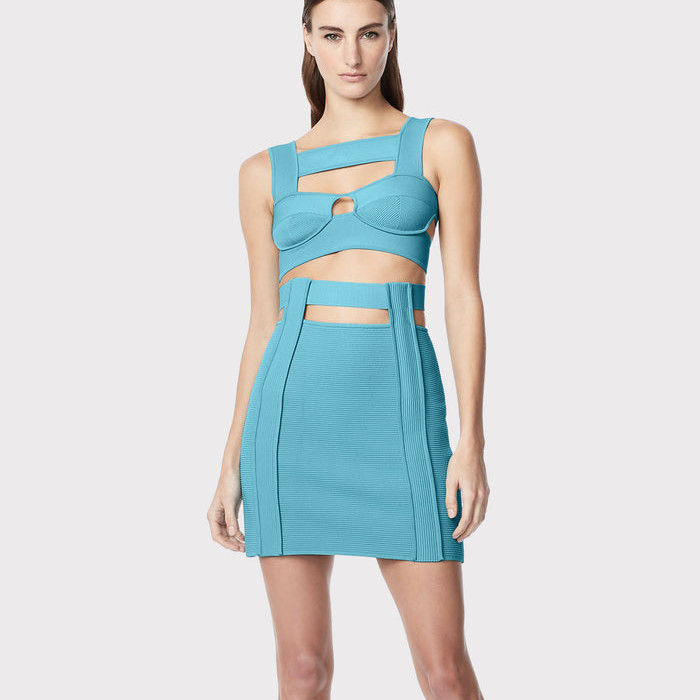 SS2244 Bandage Tight Bustier Two-Piece Set in Beautiful Blue Evening Dress and Mini Skirt Perfect Fit for All Body Types