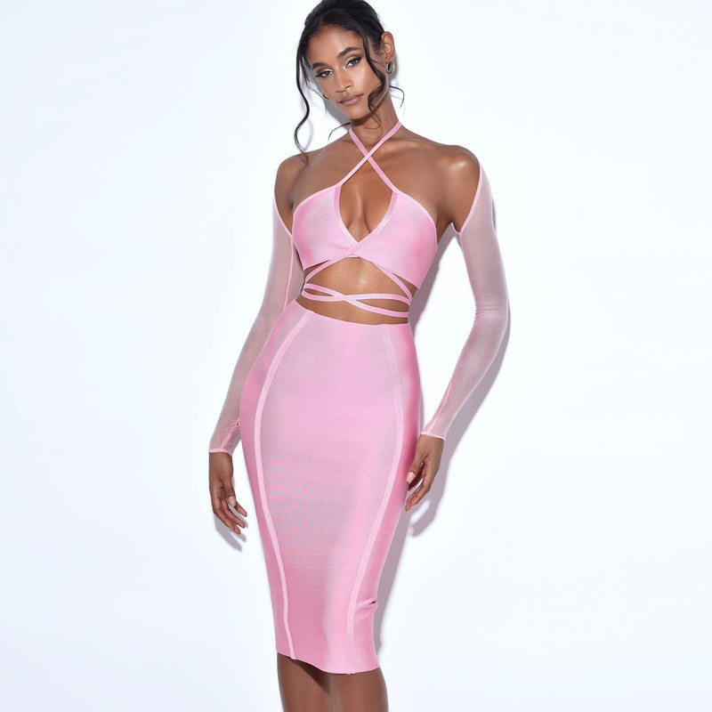 KIMSHEIN SS2236 Summer Women's Sexy Two-Piece Set Long Mesh Sleeves Cross-Cut Design Backless Dress for Customer Requirements