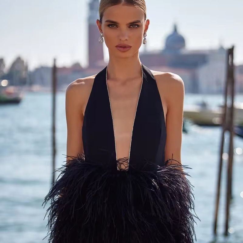 Natural Waistline ED2661 Summer Black Mini Dress with Deep V-Neck and Sexy Backless Strap Beautiful Tight Feather Dress