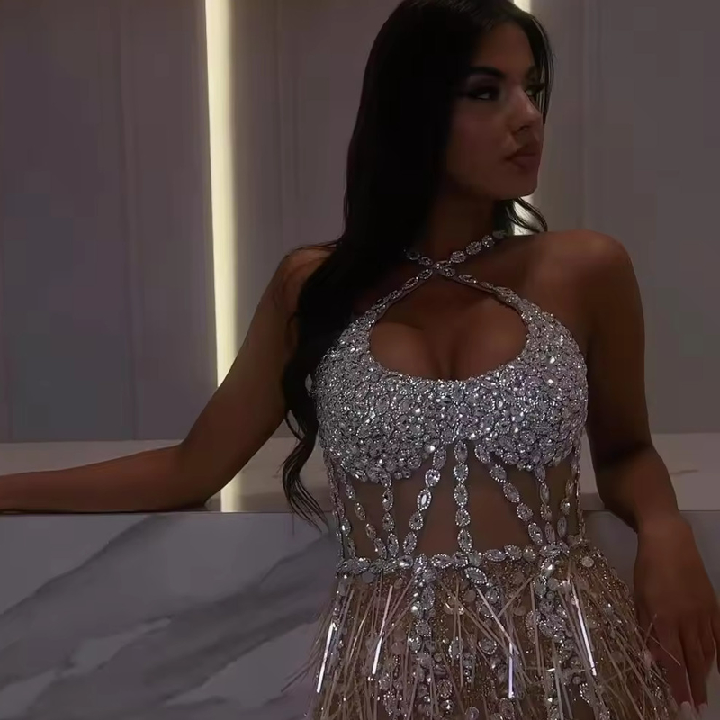 Full Sexy Hip Nightclub Bartender Outfit Natural Waistline Knitted Chest Equipment with Neck Slingshot and Back Tassels
