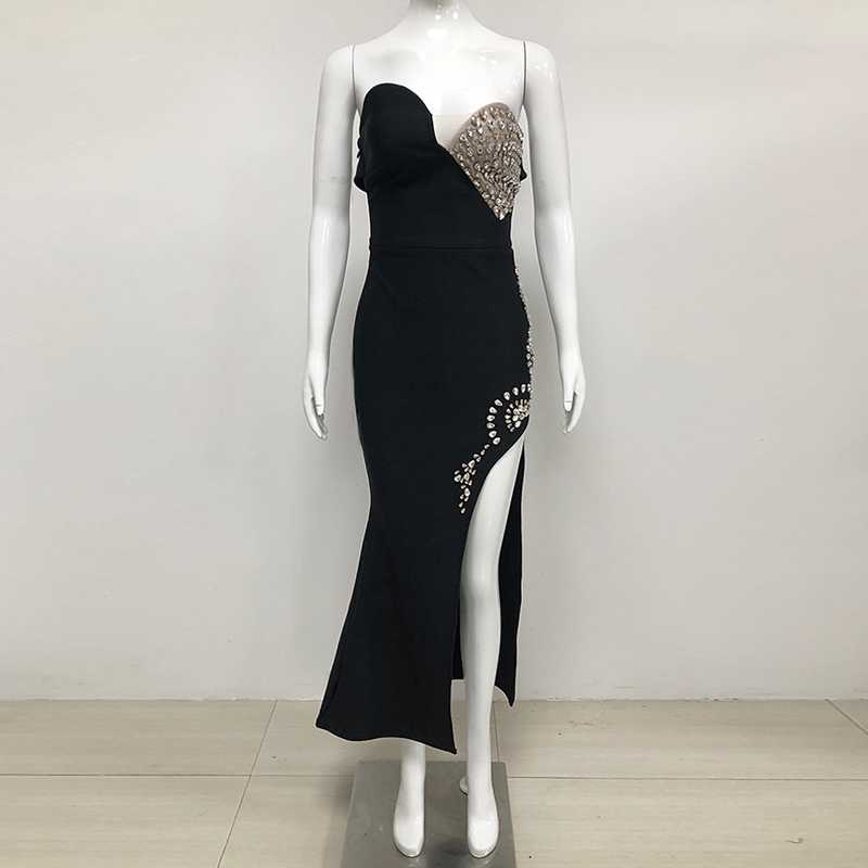 Elegant Luxury Rhinestone Slit end Polyester Bandage Cocktail Strapless Evening Dress with Non-woven Fabric Weaving Method
