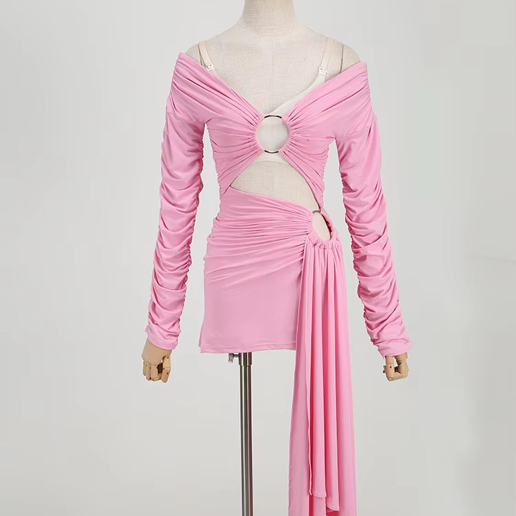 LS2489 Spring Women's V-Neck Long Sleeve Pink Dress Lady's Formal Dress Slim Sexy Hollow Out Dress A-Line V-Neck Mini