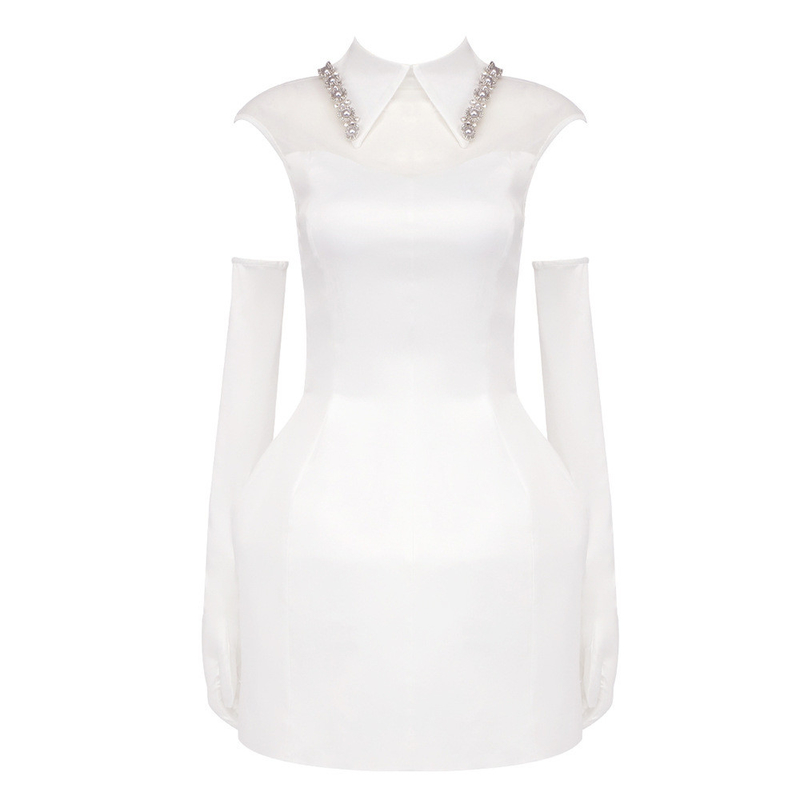 SB3107 Water Diamond White Sleeveless Dress for Elegant Pearl Gloves and Satin Fabric Customizable Logo Position