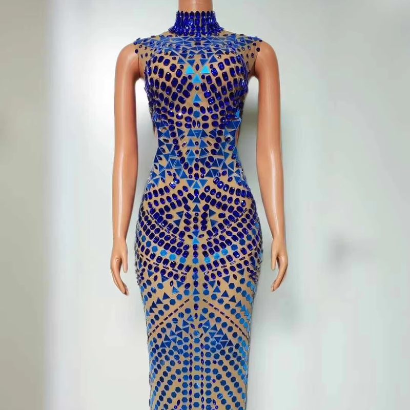 Pure Color AD2334 Handmade Diamond Maxi Evening Dress with Sexy High Neck and Crystal Sequins Customizable Logo Position