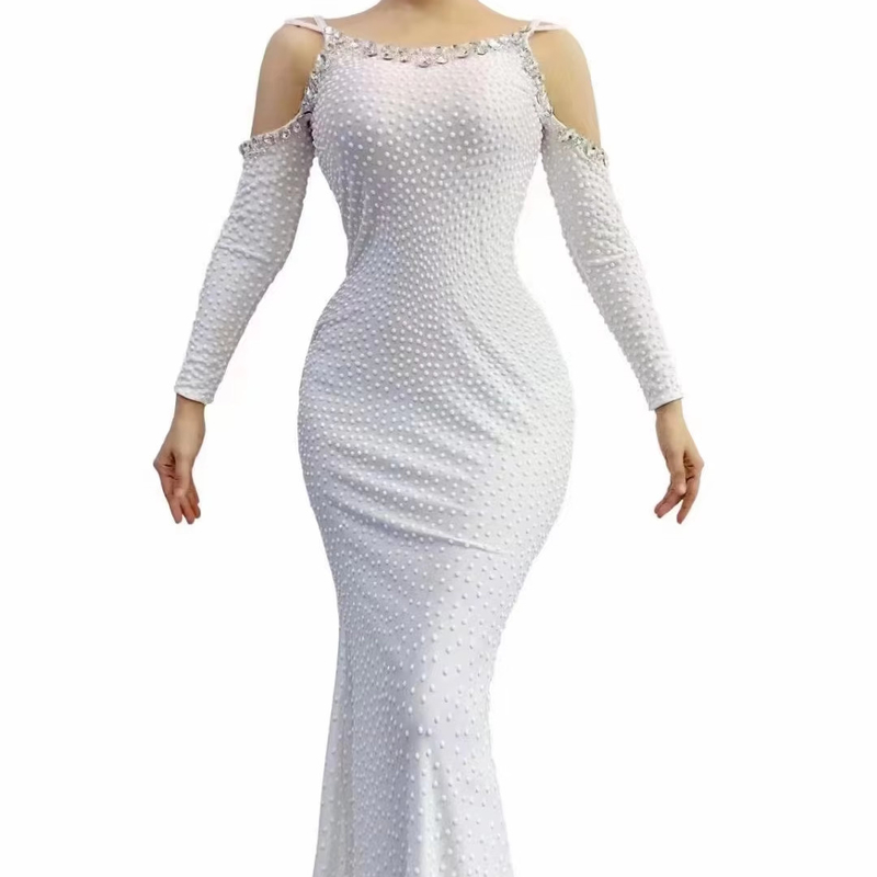 AD1832 Pearl Cocktail Dress Sophisticated Mermaid Wedding Gown for Stage Performances and Dance Shows