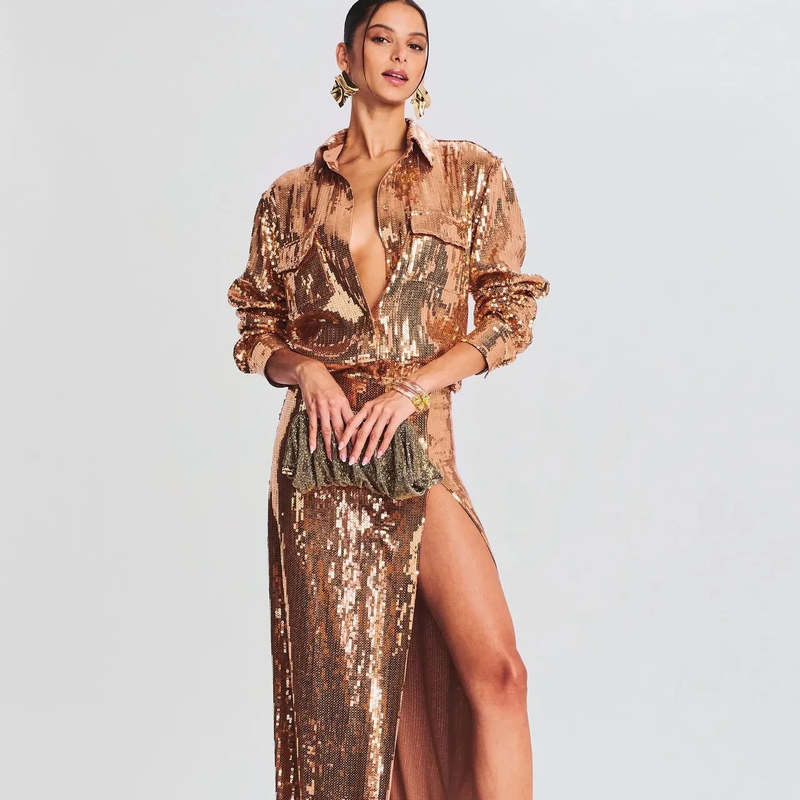 Kimshein SR2289 Two-Piece Mini Skirt Set with Long Sleeves and Sexy Sequin Design High Slit Clothing in Luxurious Style