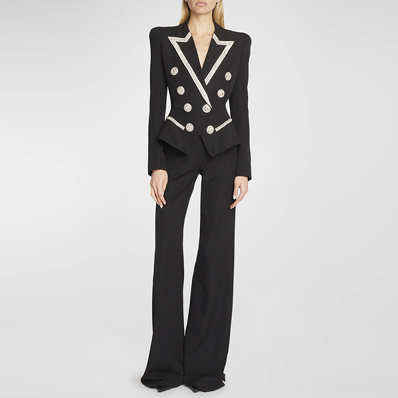 V-Neck Business Two-Piece Long Pants Set for Women Formal Luxury Crystal Black Fashion Suit Set Shuttle Weaving Method